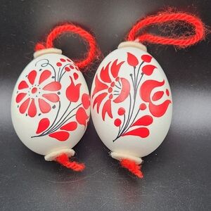 Handpainted REAL Chicken Egg Christmas Ornament Russia Artisanal Design Lot of 2